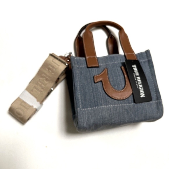 NWT TRUE RELIGION Denim Horseshoe Mini Tote Crossbody Bag Patch Logo Light Blue - Picture 8 of 8